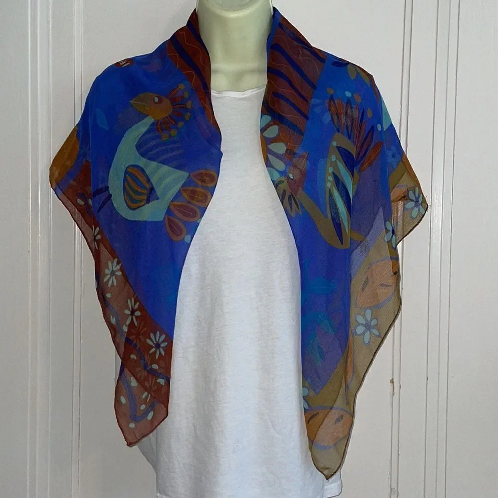 Vintage large Pier Olivier Paris blue, orange & purple‎ semi sheer square scarf